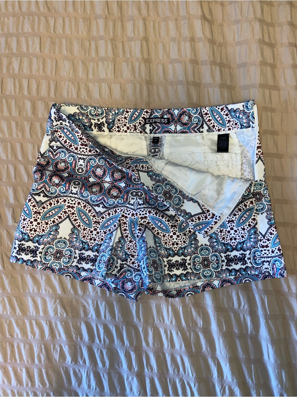 Express High-Waist Paisley Print Shorts in White, Blue & Pink